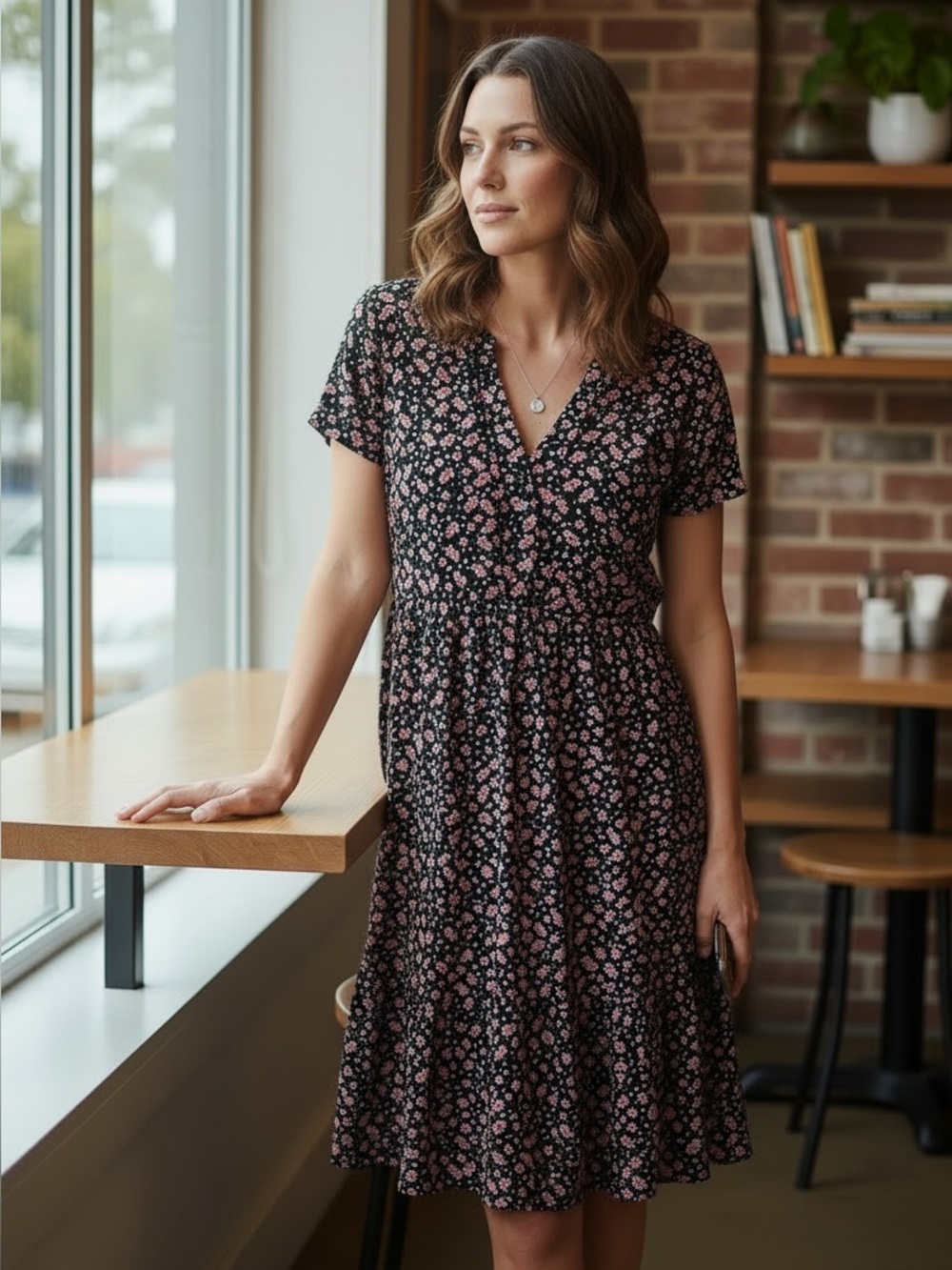 Gilli Black Midi Dress with Pink Floral Print